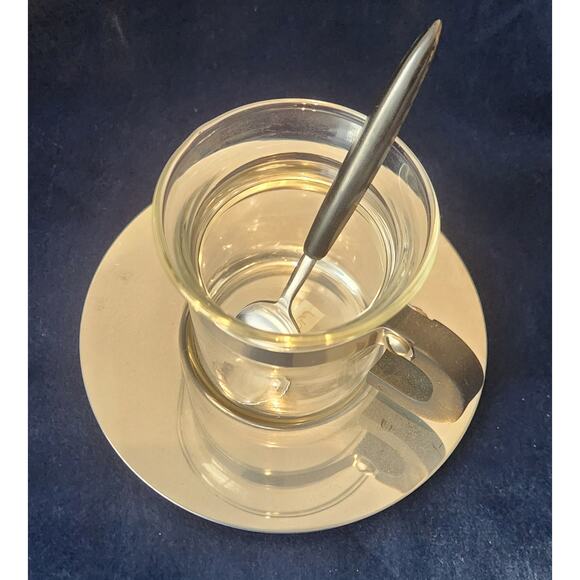 Bodum Glass Espresso Cup Set 6 Cups Steel Saucers and Spoons Portugal Modernist - Picture 1 of 8